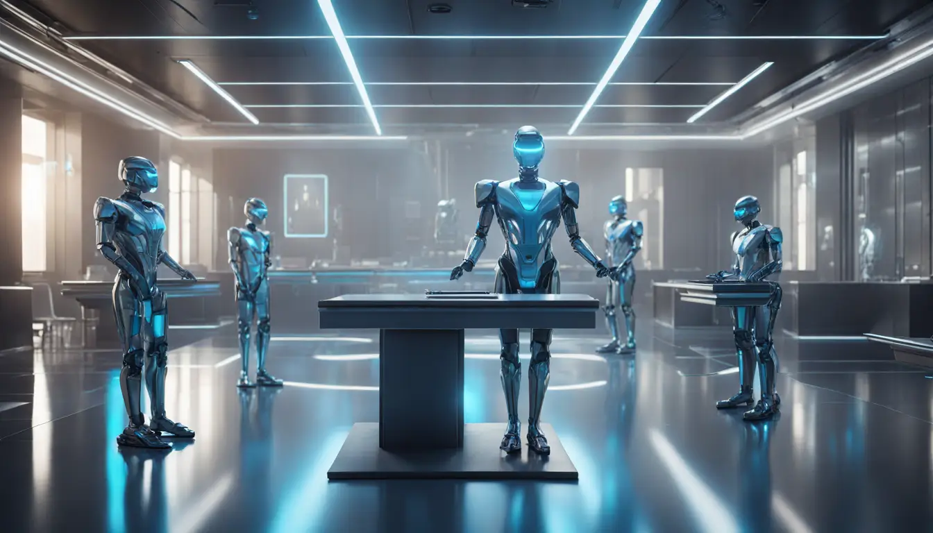 Tribunal futurista com advogados e juízes robóticos em trajes metálicos e telas de hologramas.