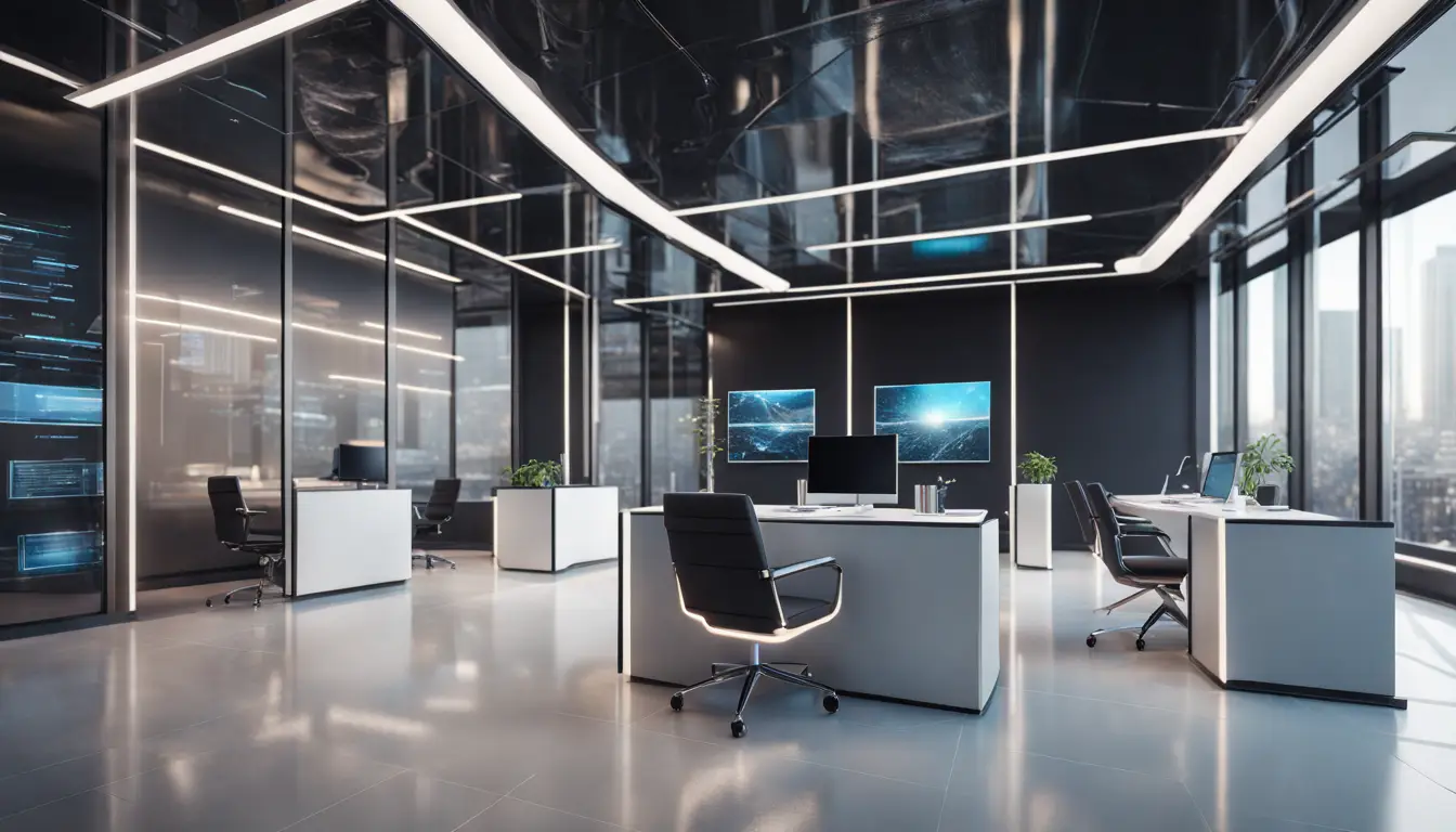 Escritório jurídico moderno com paredes de vidro, telas digitais e assistente holográfico de IA central.