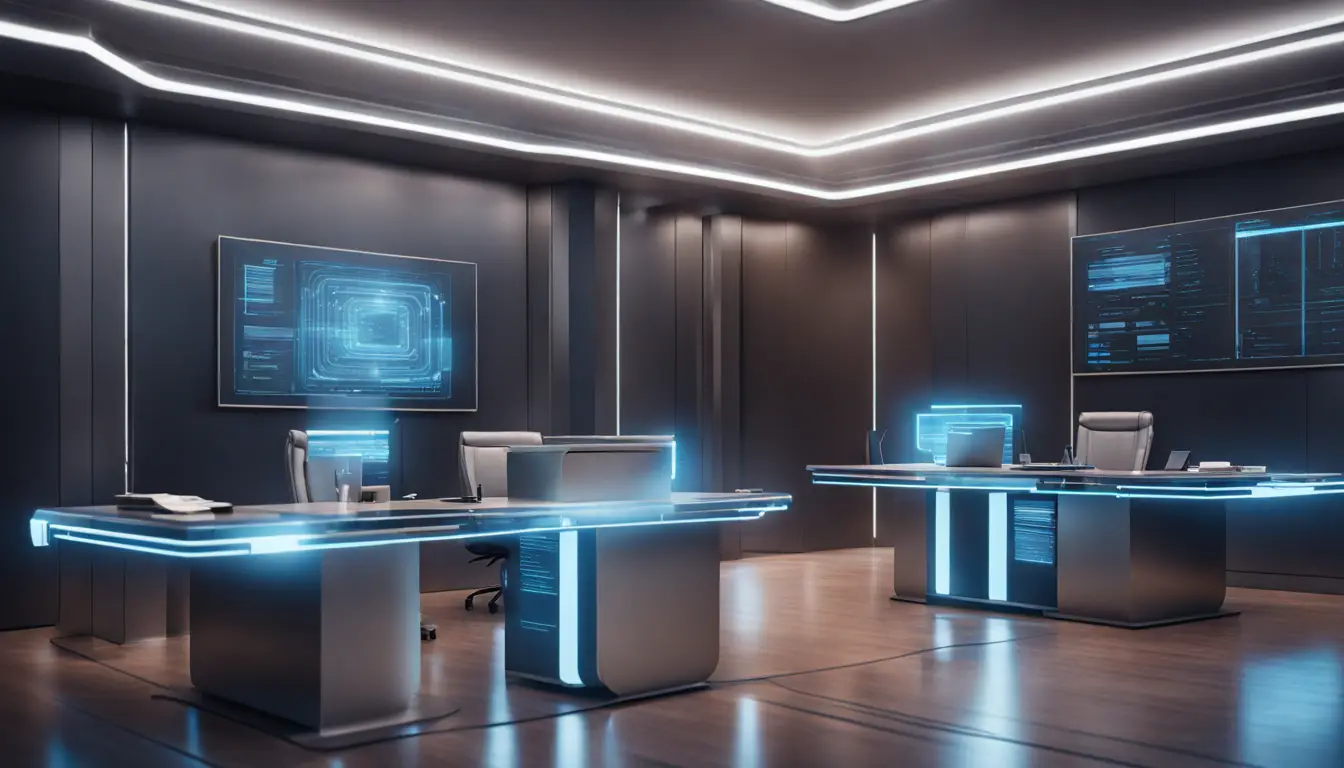 Escritório jurídico futurista com hologramas de IA exibindo documentos legais digitais em interfaces azuis.