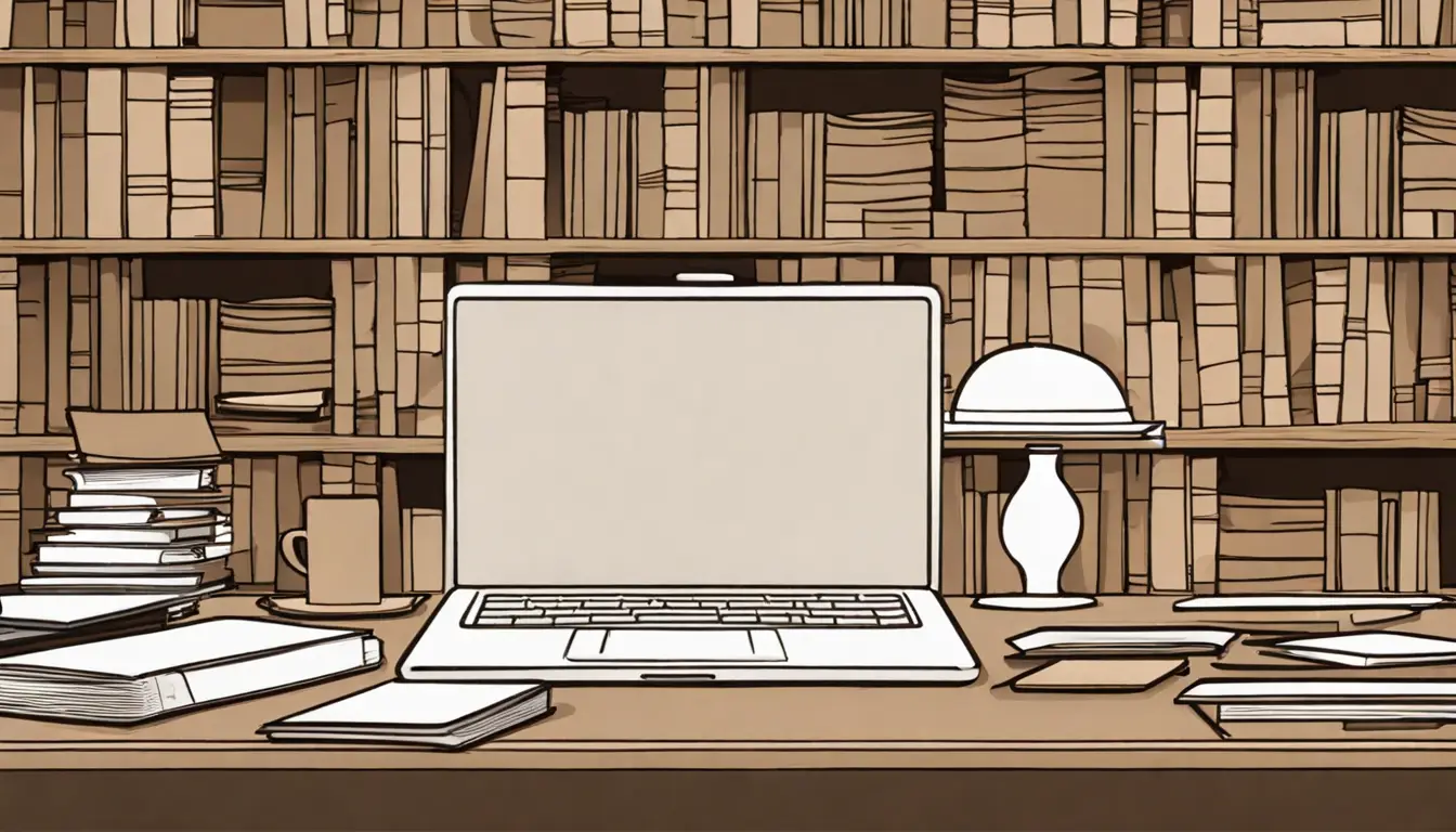Escritório moderno com mesa de madeira, papéis, laptop com gráficos e estante de livros jurídicos iluminados suavemente.