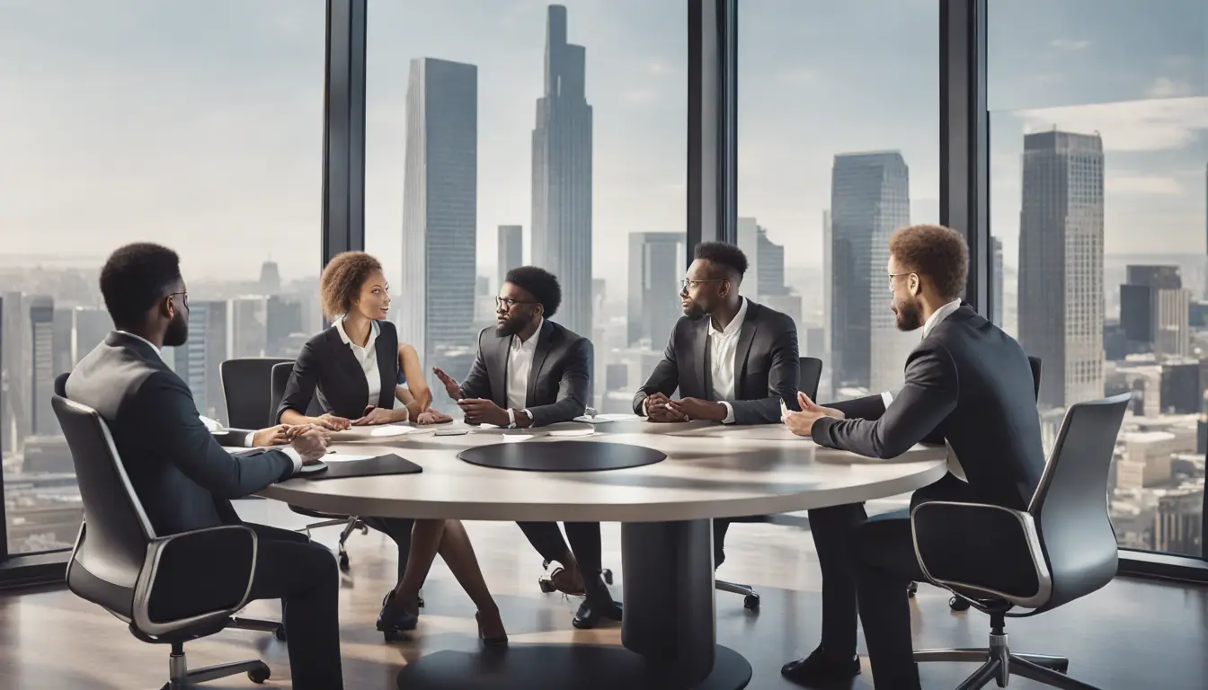 Profissionais em roupas de negócios discutindo em uma mesa de conferência em escritório moderno com vista para a cidade.