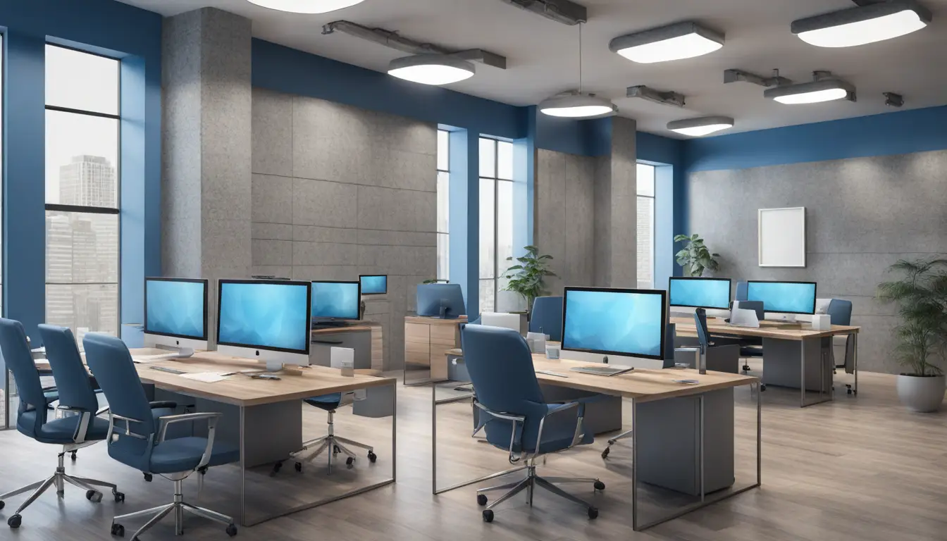 Advogados em uma sala moderna usando tecnologia avançada como computadores, tablets e smartphones.