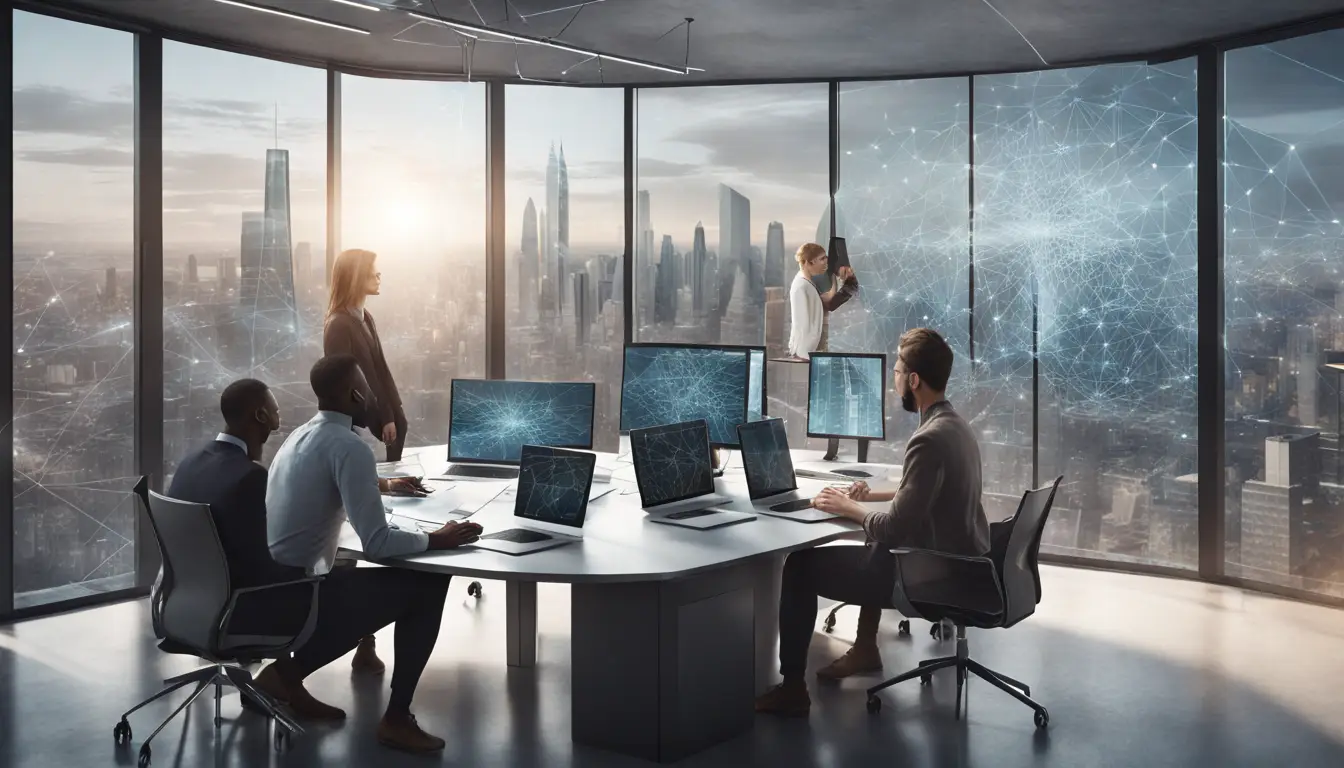 Pessoas em escritório moderno analisam diagramas de rede em tela digital, com laptops e cidade futurista ao fundo.