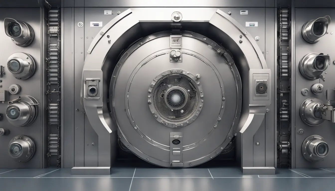 Porta de cofre de metal com câmeras de vigilância e sensores em uma sala de segurança moderna.