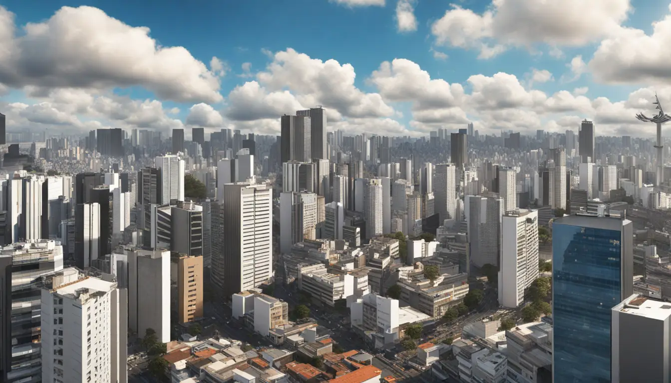 Horizonte de cidade brasileira com arranha-céus modernos e outdoor digital exibindo símbolo de conformidade.