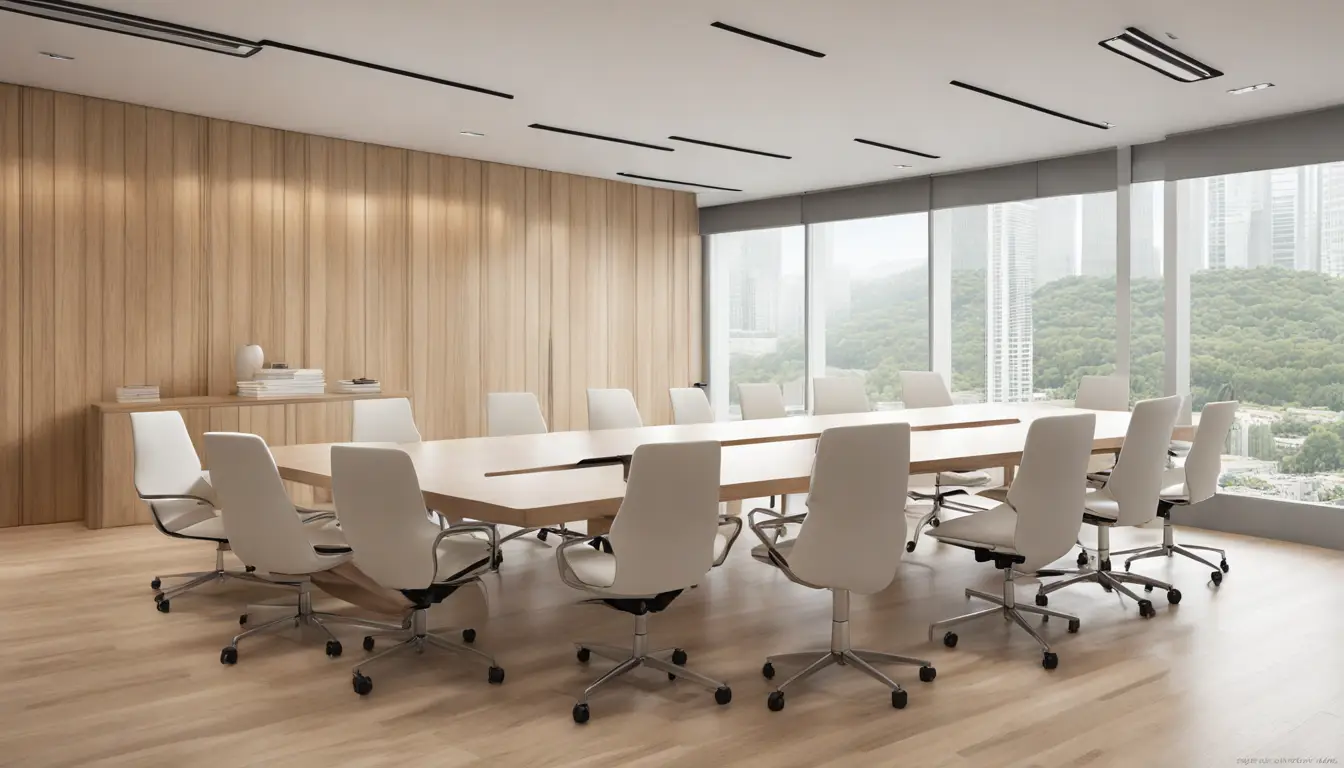 Sala de conferência com mesa de madeira, cadeiras pretas, quadro branco com diagramas e projetor.