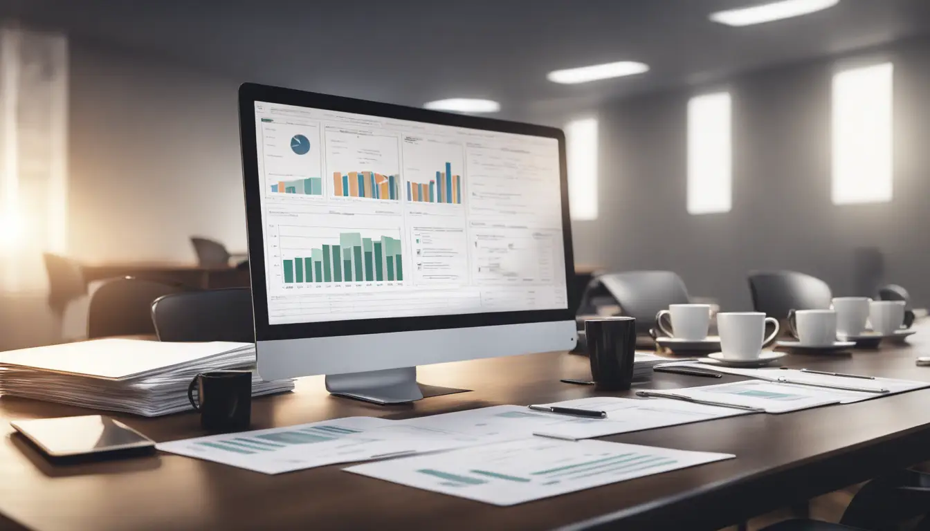 Computador com dashboard GRC em uma mesa de reunião com documentos e café ao redor.