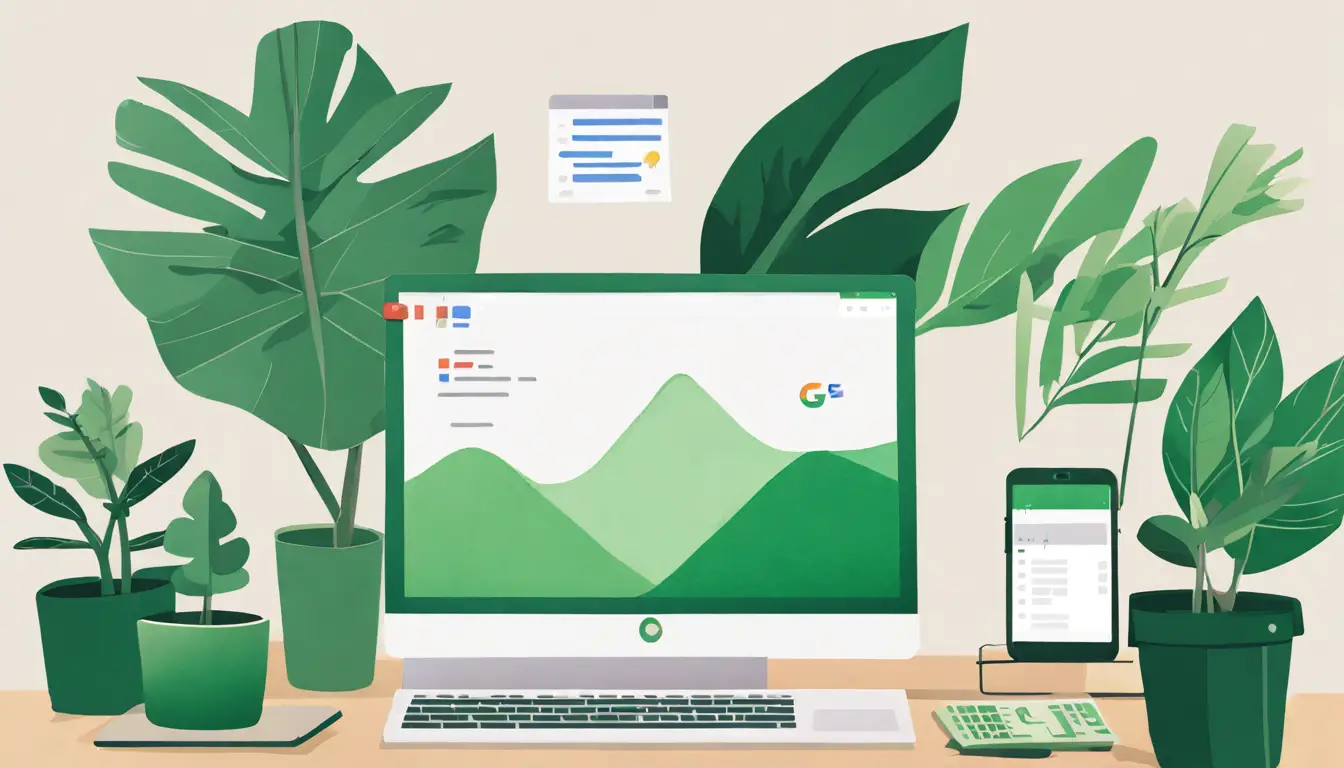 Laptop mostrando Google Drive e smartphone com ícone do Google Calendar em mesa de escritório moderna.