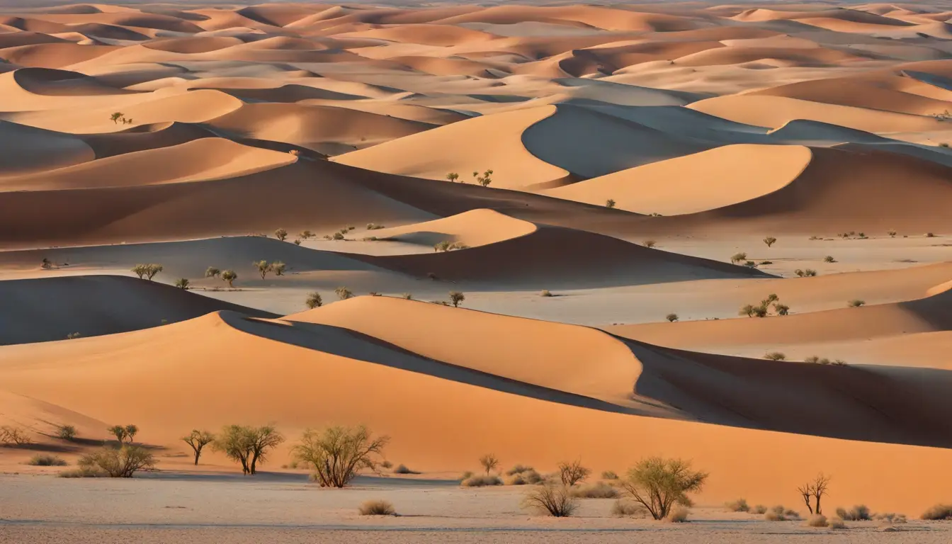 Torres de perfuração em deserto com barris de dados digitais coloridos refletindo a luz do sol.