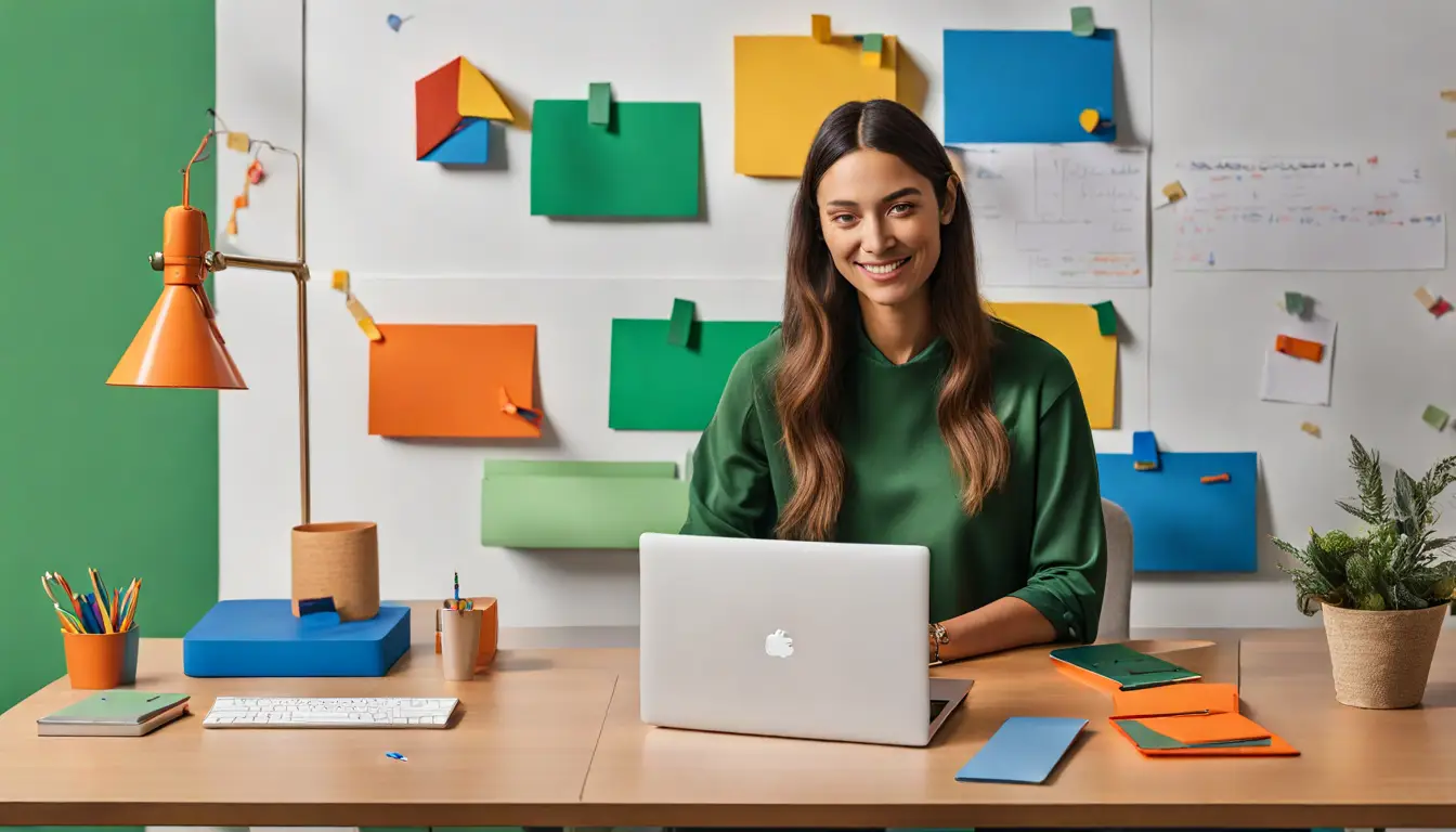 Pessoa em escritório usando Google Workspace com ícones coloridos de personalização ao redor.