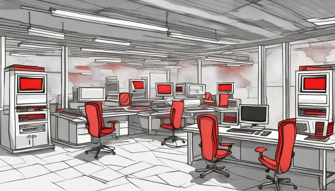 Tela de computador com símbolo de alerta vermelho em uma sala cheia de servidores e cabos.