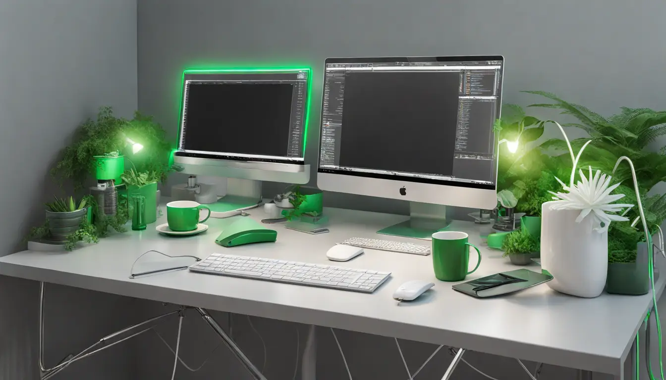 Robôs e humanos colaboram em um escritório moderno com computadores e monitores, sob luz suave, em um ambiente corporativo.