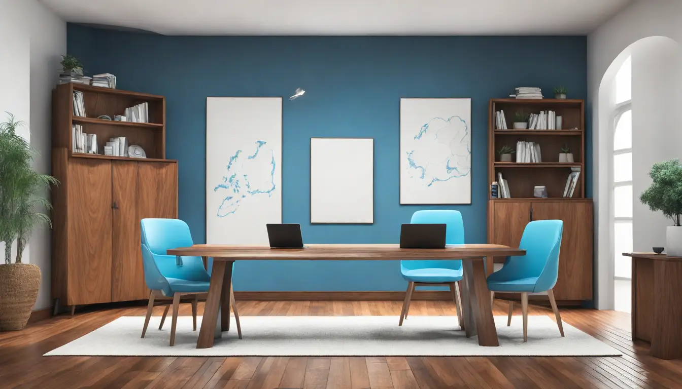 Mesa de reunião moderna com cadeiras de couro, projetor, quadro branco e janelas grandes.