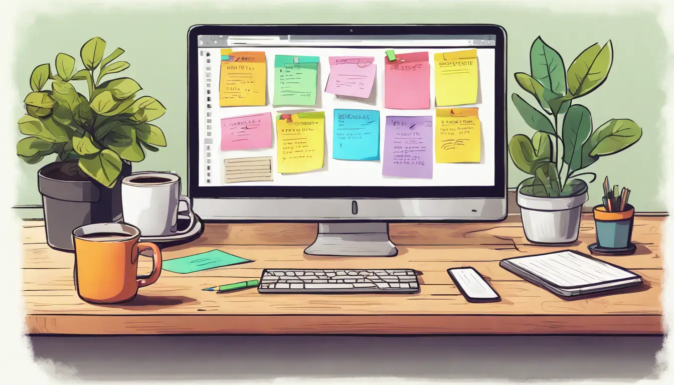 Laptop exibindo interface do Google Workspace em mesa com notas adesivas coloridas e caneca de café.