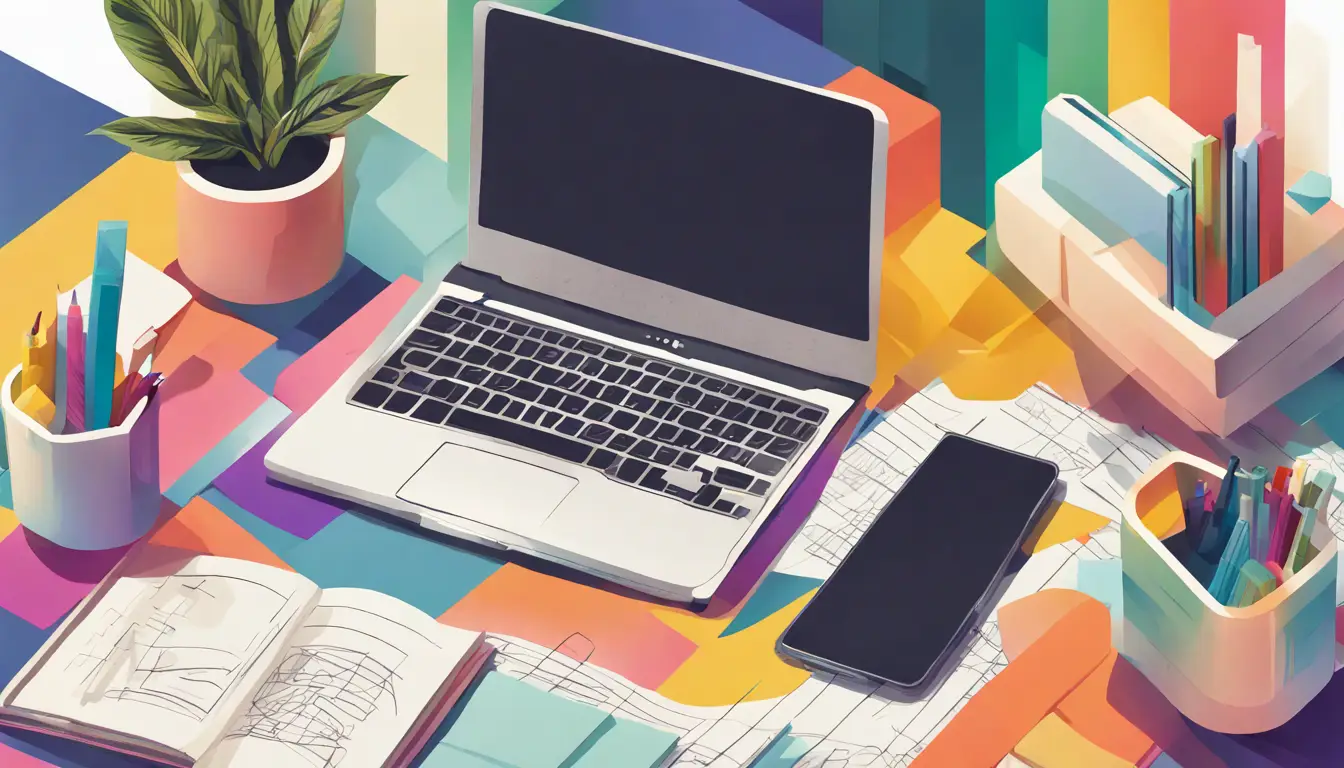 Mesa de escritório com laptop mostrando gráficos de dados, notas, canetas coloridas, smartphone e prateleira com livros e planta.