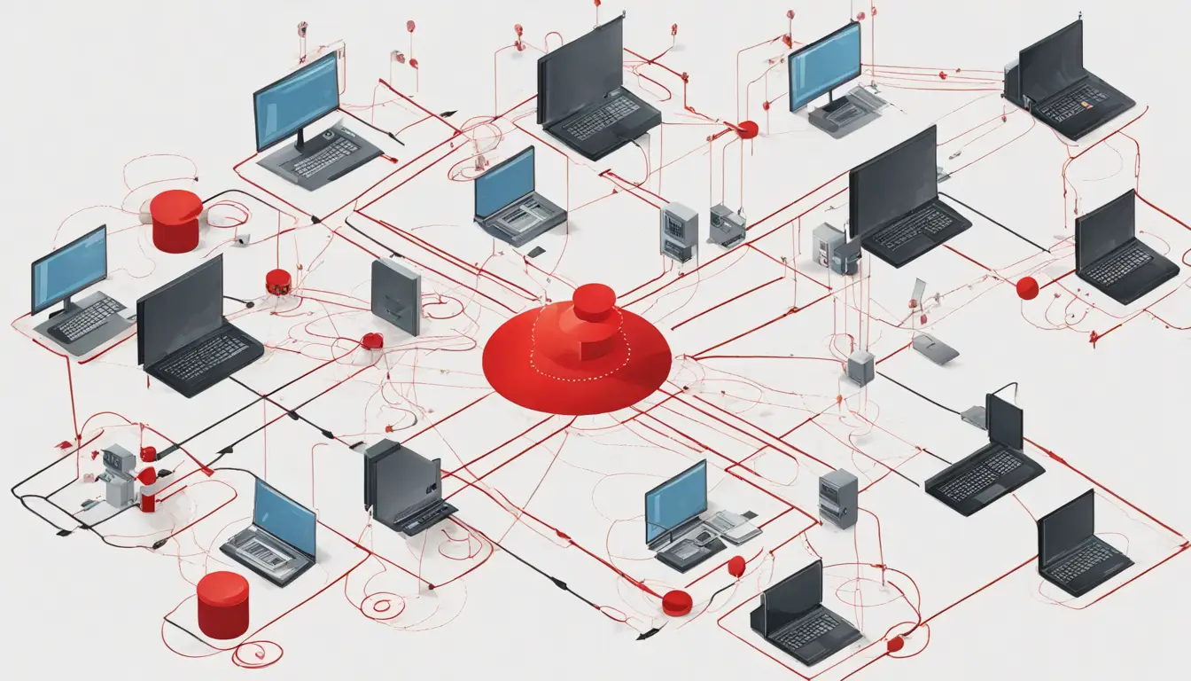 Diagrama de rede com dispositivos interligados e vulnerabilidades destacadas em círculos vermelhos e setas.