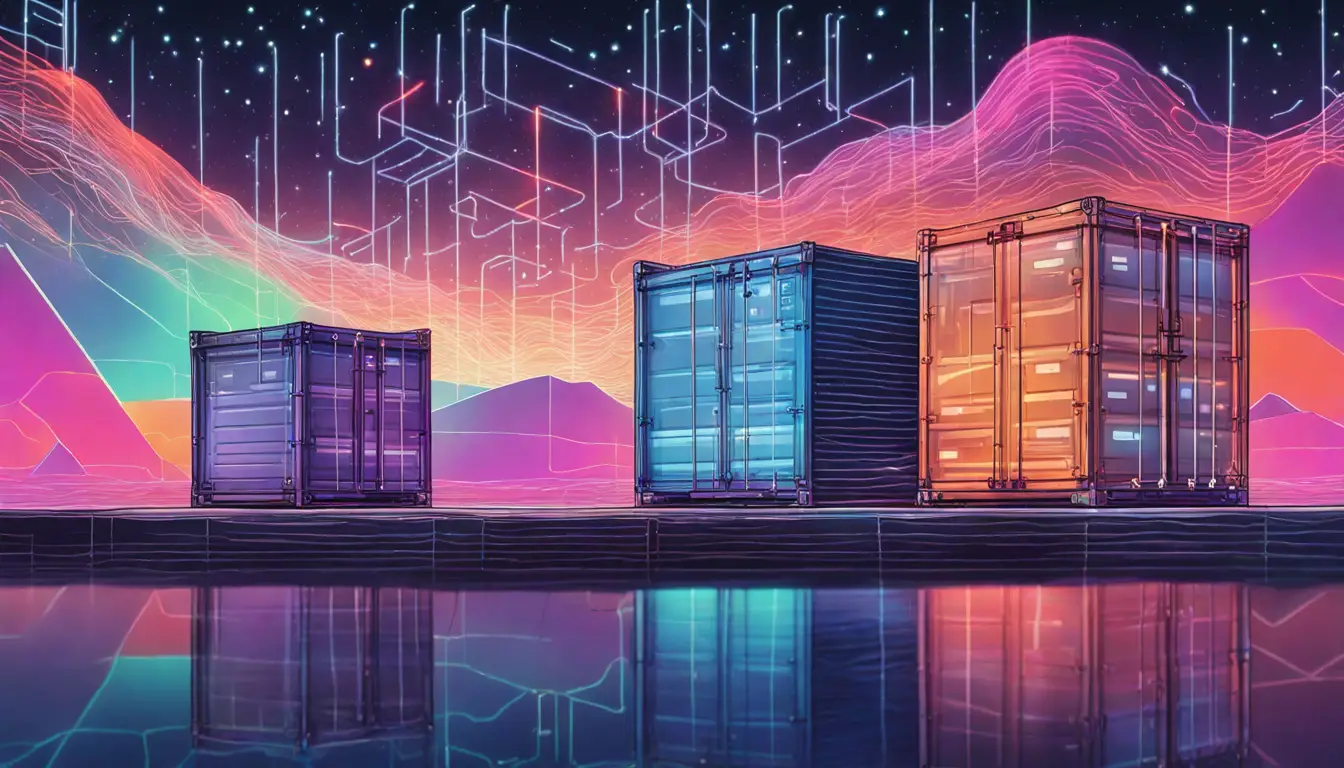 Paisagem digital mostrando um data lake com rio fluindo e um data warehouse com caixas empilhadas e luzes de néon.