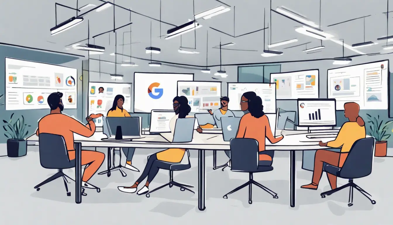 Pessoas em um escritório moderno usando laptops com aplicativos do Google Workspace, tela grande exibindo interface de videochamada.