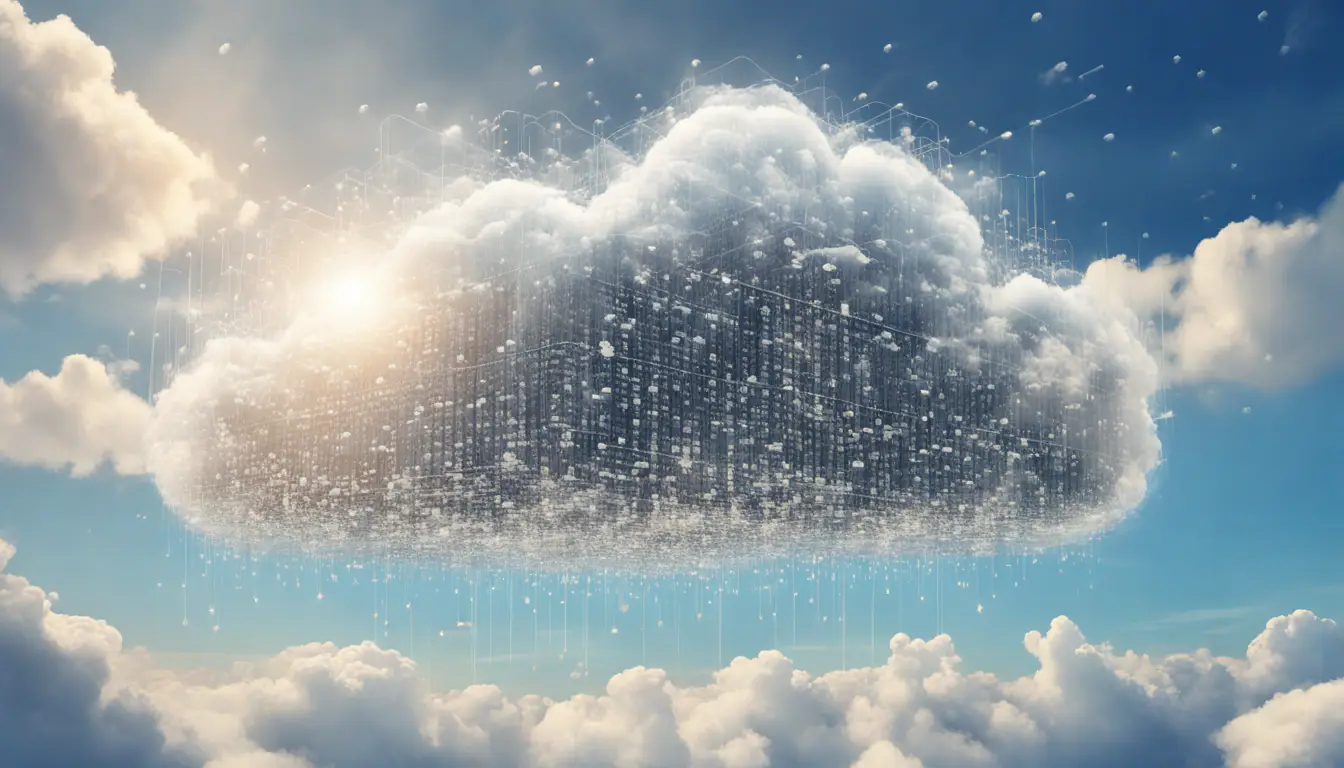Nuvem flutuante repleta de cadeados digitais e chaves com código binário ao redor, no céu azul claro.