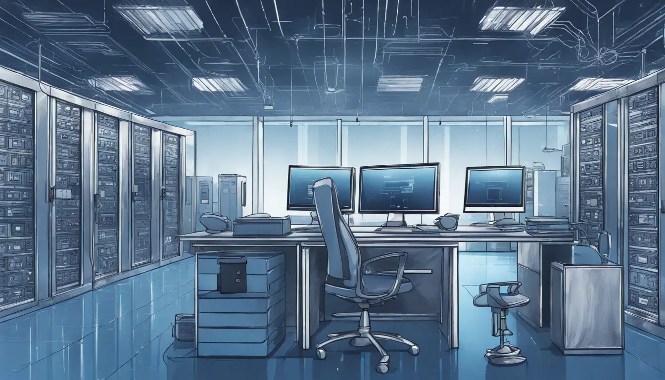 Grande cadeado digital no escritório moderno com servidores e câmeras de segurança.