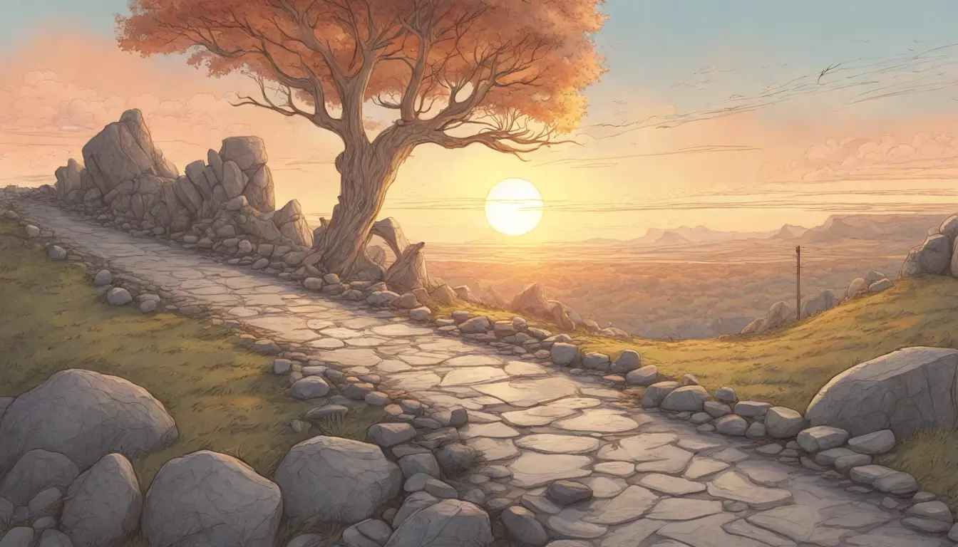 Estrada sinuosa com obstáculos como rochas grandes e buracos, levando a um horizonte distante com nascer do sol brilhante.