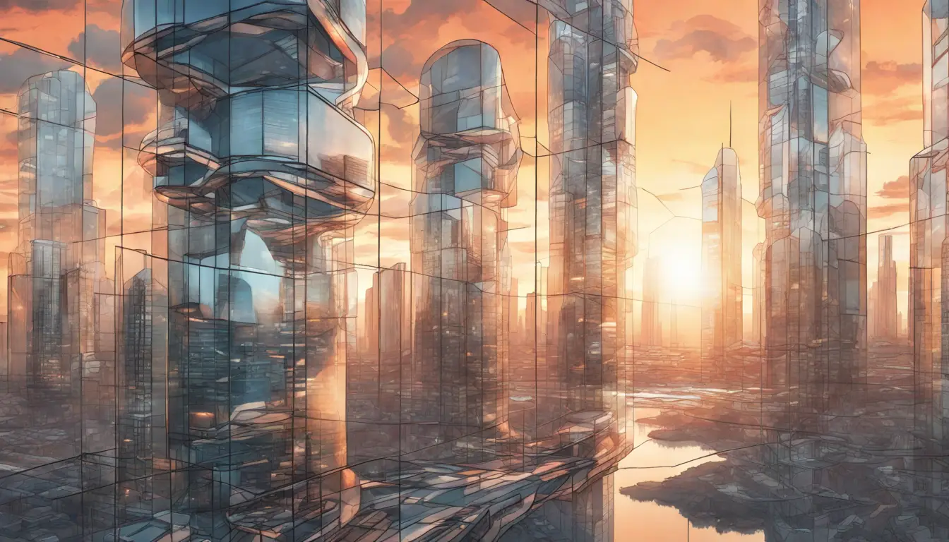 Cidade futurista com arranha-céus de vidro e nuvens brancas refletindo a luz do sol ao amanhecer.