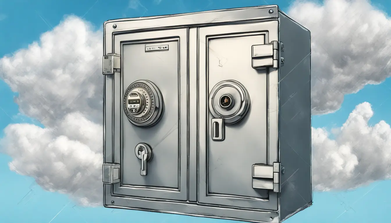 Cofre metálico flutuando entre nuvens brancas com cadeados digitais na porta, em céu azul claro.