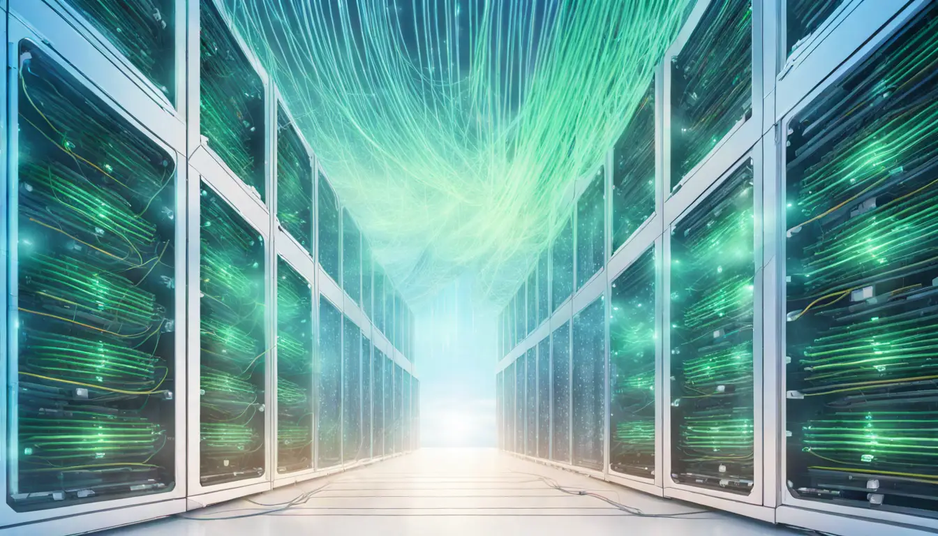 Centro de dados futurista com servidores e cabos de fibra ótica em uma nuvem transparente sob um céu claro.