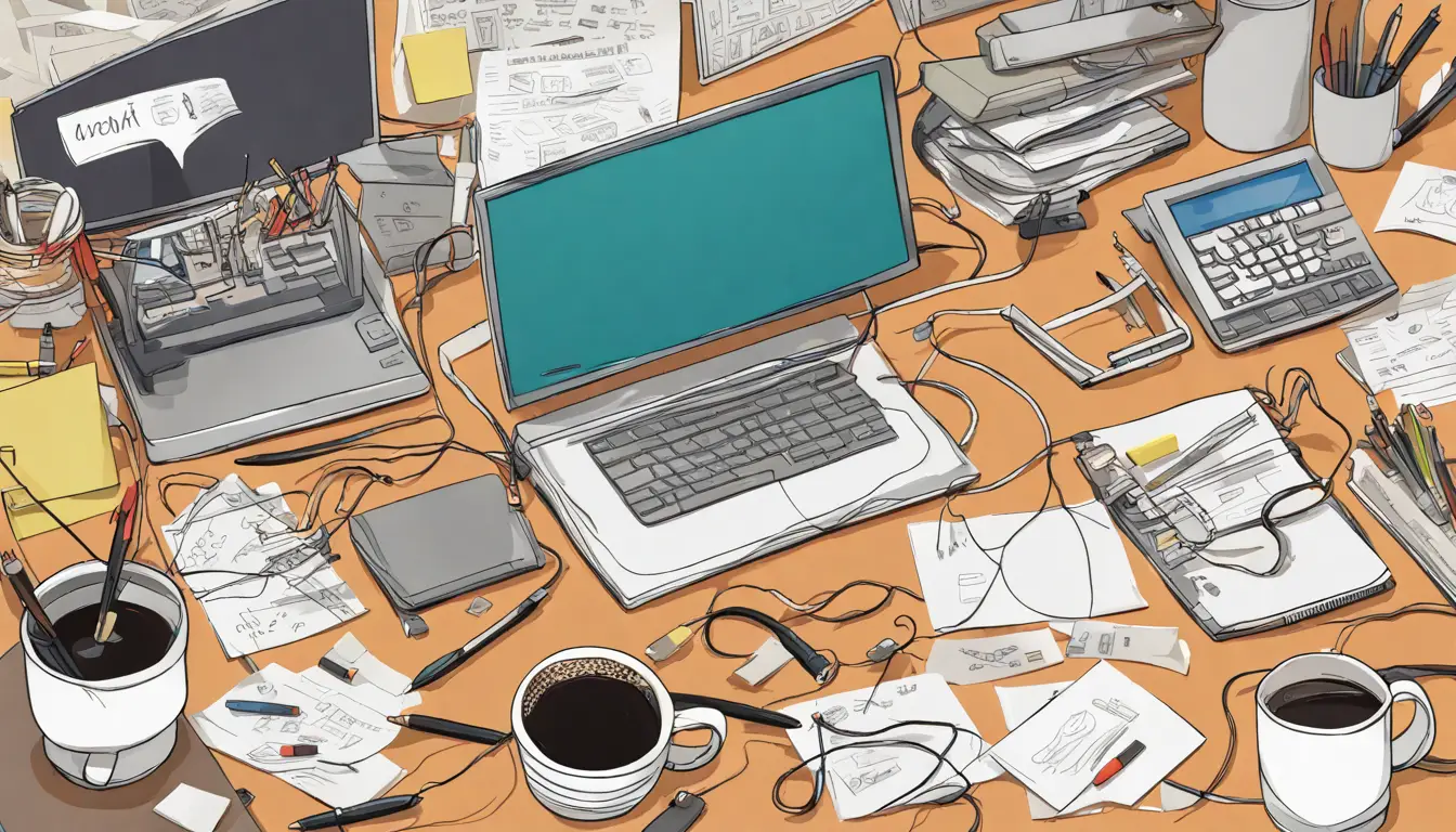 Computador com mensagens de erro e itens de escritório desordenados em uma mesa bagunçada.