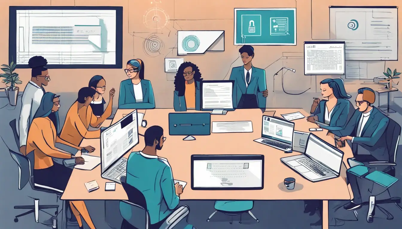 Pessoas em escritório discutindo estratégias de conformidade com a LGPD, tela com símbolo de cadeado e 'LGPD'.