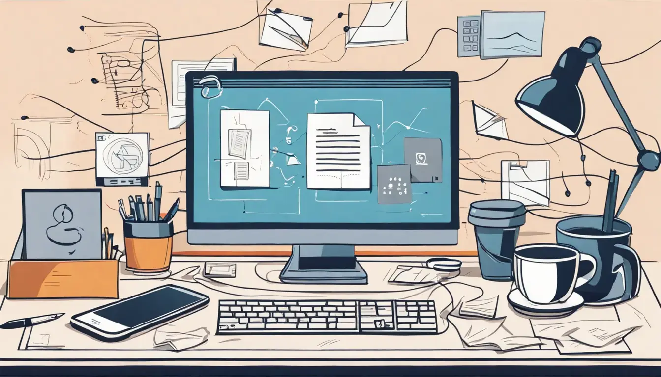 Computador em mesa de escritório com ícones de software interconectados, papéis, smartphone e xícara de café.