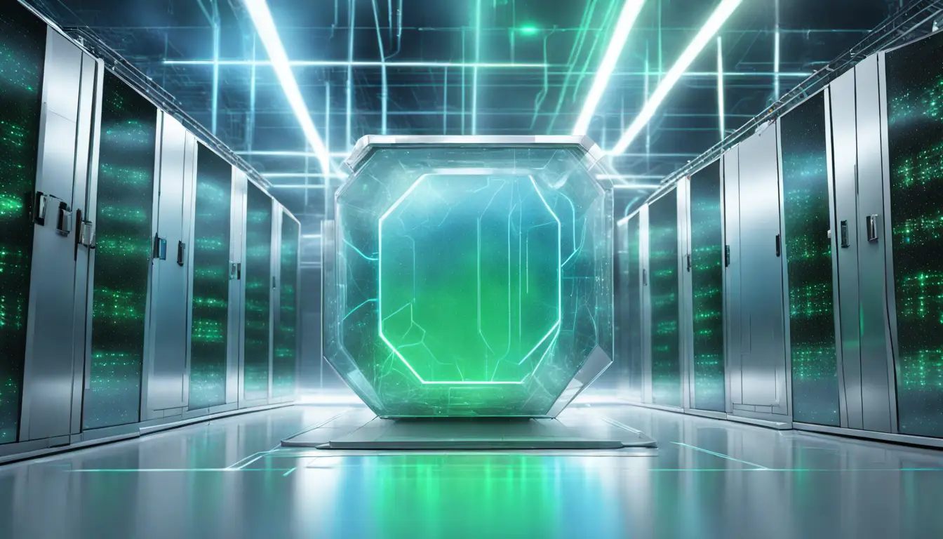 Escudo digital transparente em sala de servidores futurista com luzes azuis e verdes refletindo em superfícies metálicas.