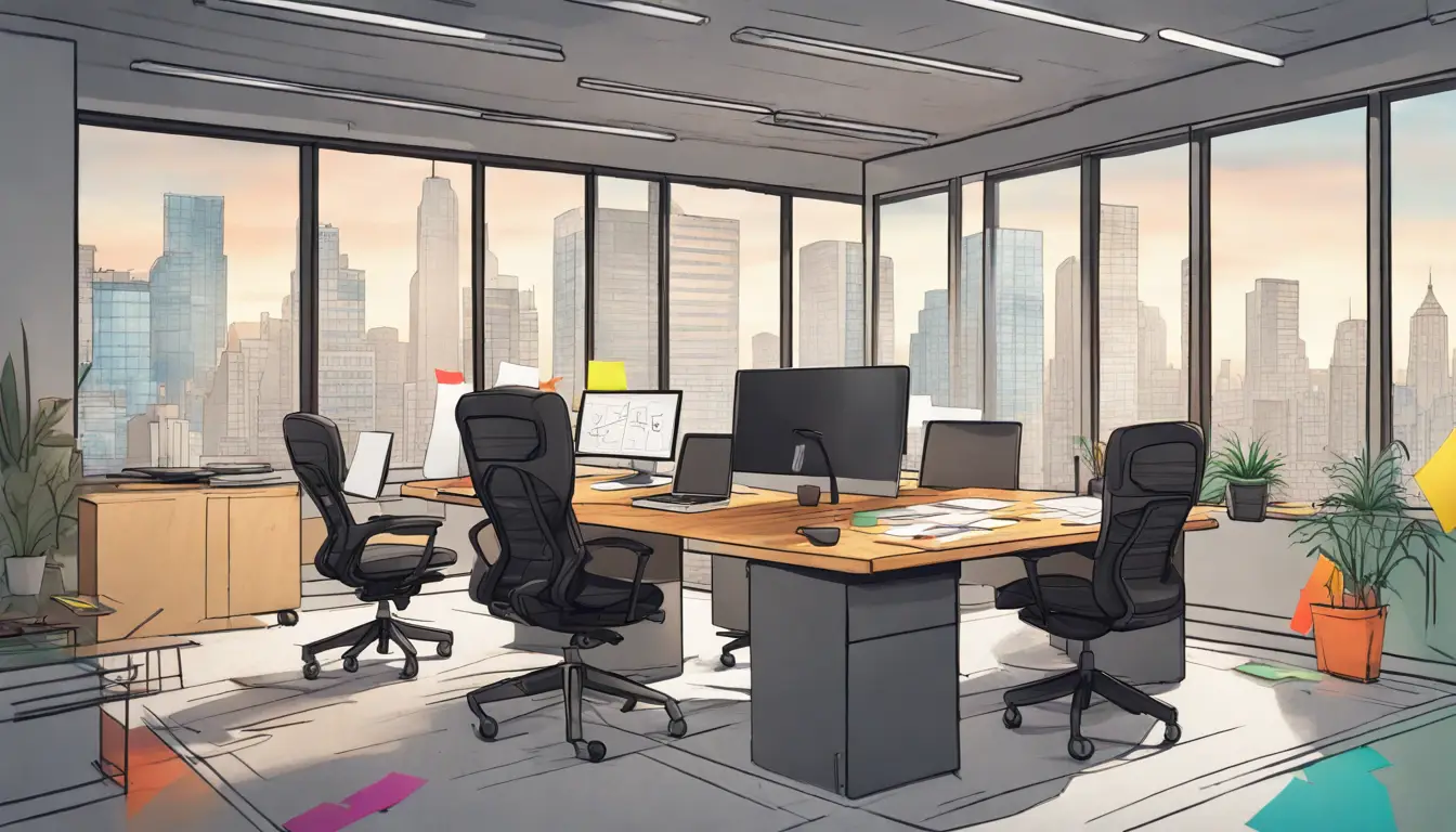 Ambiente de escritório com mesa de madeira, cadeiras, laptop, notas adesivas coloridas e quadro branco com diagramas.