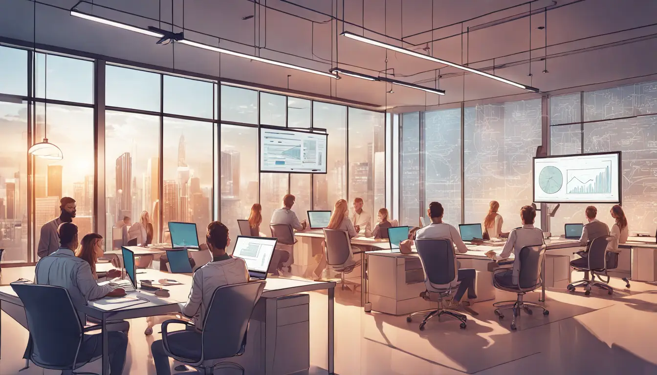 Pessoas diversas em um escritório moderno com uma tela digital mostrando um fluxograma e laptops na mesa.