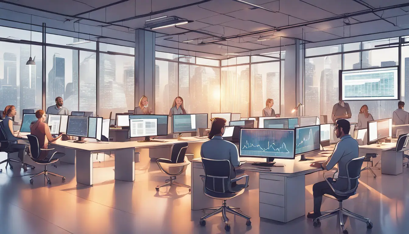 Um escritório moderno com funcionários diversos analisando dados em telas grandes e laptops em uma mesa central.