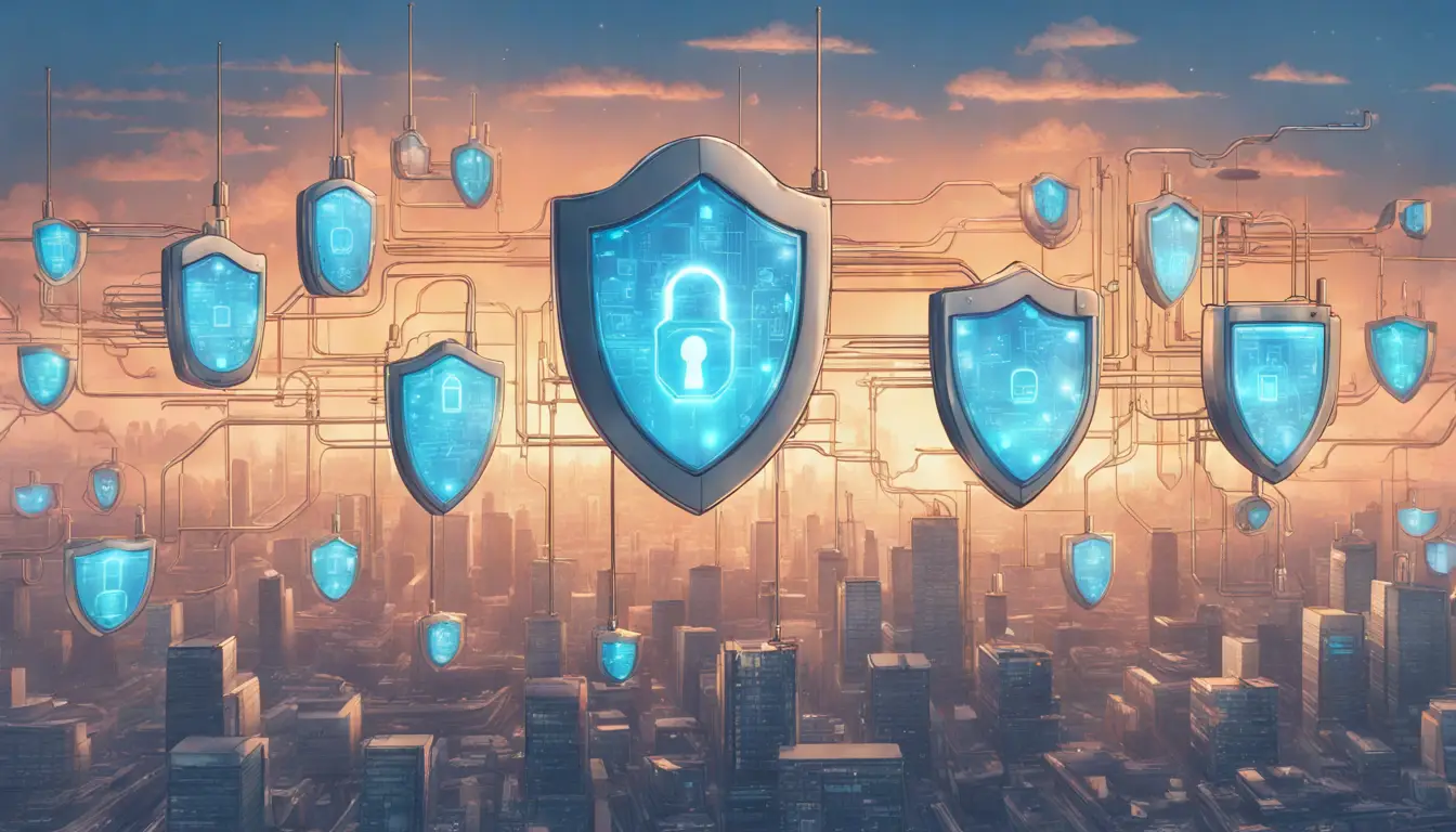 Nuvem de cadeados digitais e escudos de segurança sobre um horizonte urbano ao pôr do sol, com um brilho azul suave.