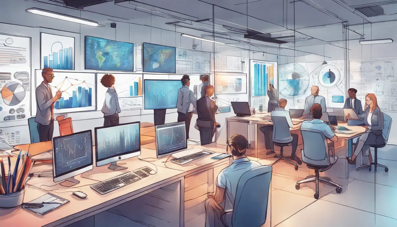 Equipe de TI em um escritório moderno com rack de servidores de vidro e painel digital com gráficos.