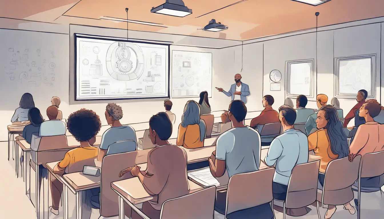 Adultos diversos em uma sala de aula moderna assistindo a uma apresentação sobre segurança digital com um símbolo de cadeado.