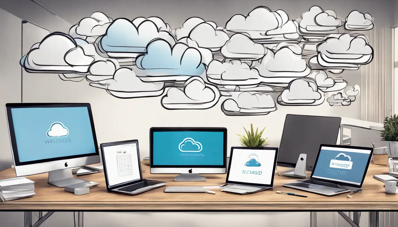 Três laptops abertos em uma mesa exibindo diferentes logotipos de provedores de nuvem com papéis ao redor.