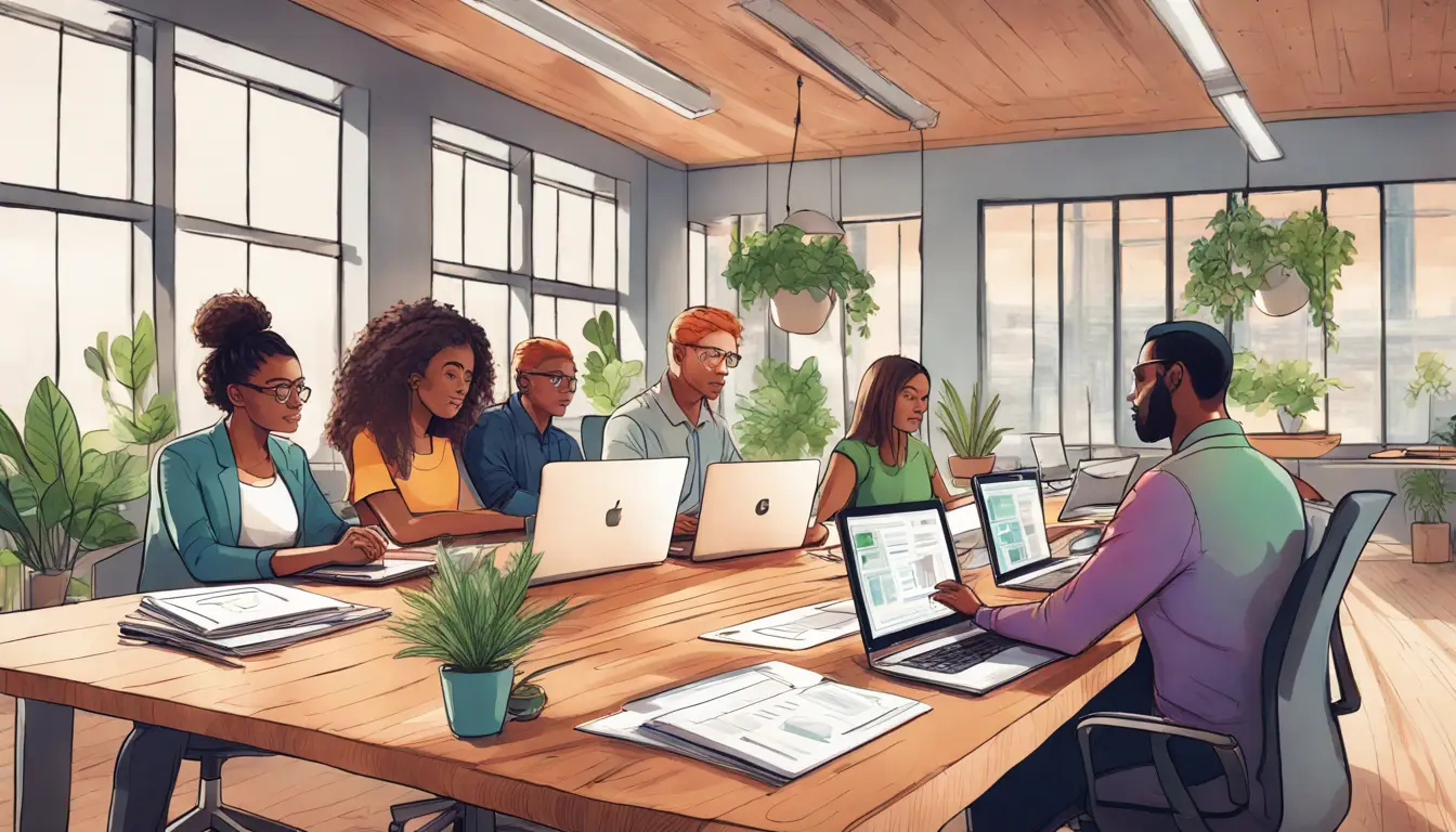 Pessoas diversas em um escritório moderno, compartilhando documentos em laptops em uma mesa de madeira grande.