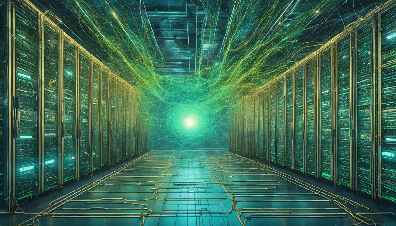 Sala de servidores futurista com servidores brilhantes em azul e verde, conectados por fios dourados formando uma nuvem.
