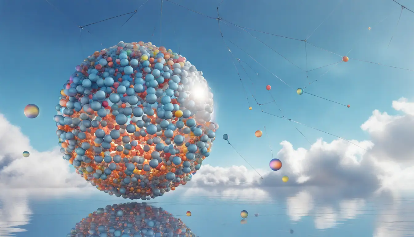 Esfera metálica simbolizando segurança na nuvem, cercada por esferas translúcidas coloridas, representando riscos potenciais.