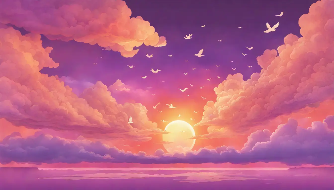 Nuvem dourada iluminada pelo pôr do sol com tonalidades de rosa e laranja e silhuetas de pássaros voando ao longe.