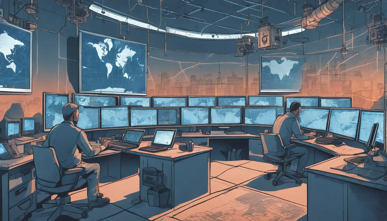 Sala de controle de segurança cibernética com monitores exibindo alertas de incidentes e mapa digital de ameaças na parede.