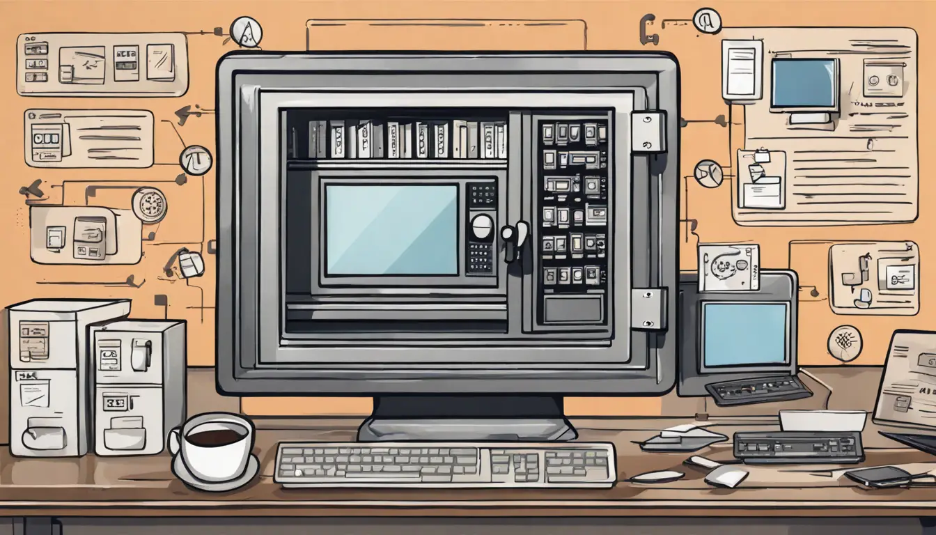 Cofre metálico trancado com teclado digital, cercado por telas de computador exibindo ícones de transferência de dados segura.