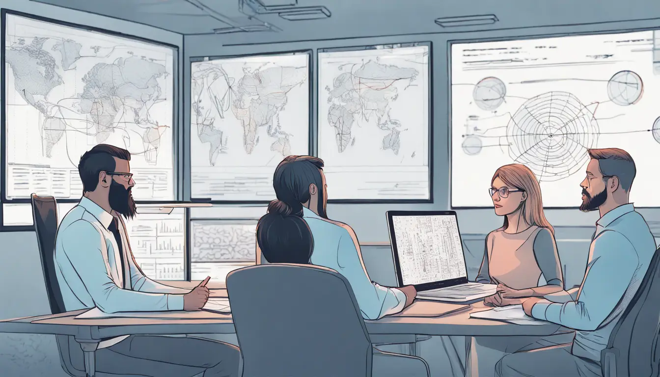 Equipe em escritório discutindo plano de resposta a incidentes com laptops e tela digital exibindo diagrama de segurança.