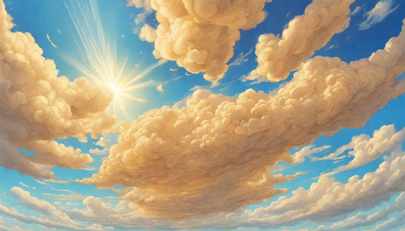 Formação de nuvem grande e dourada contra um céu azul brilhante com bordas iluminadas pelo sol.