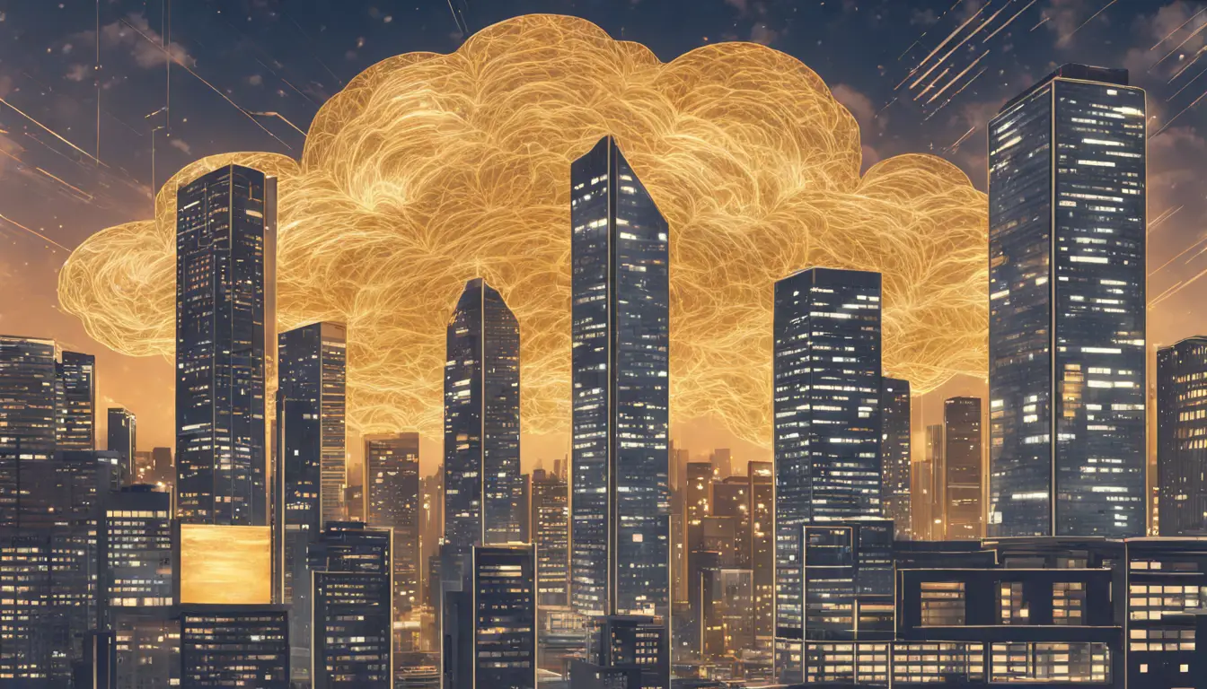 Nuvem dourada com padrões digitais sobre arranha-céus modernos e câmeras de segurança em uma cidade futurista ao entardecer.