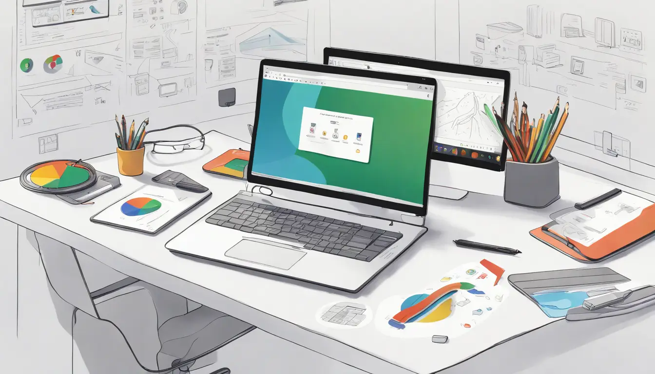 Laptop com painel do Google Workspace ligado a impressora, smartphone e tablet em mesa branca minimalista.