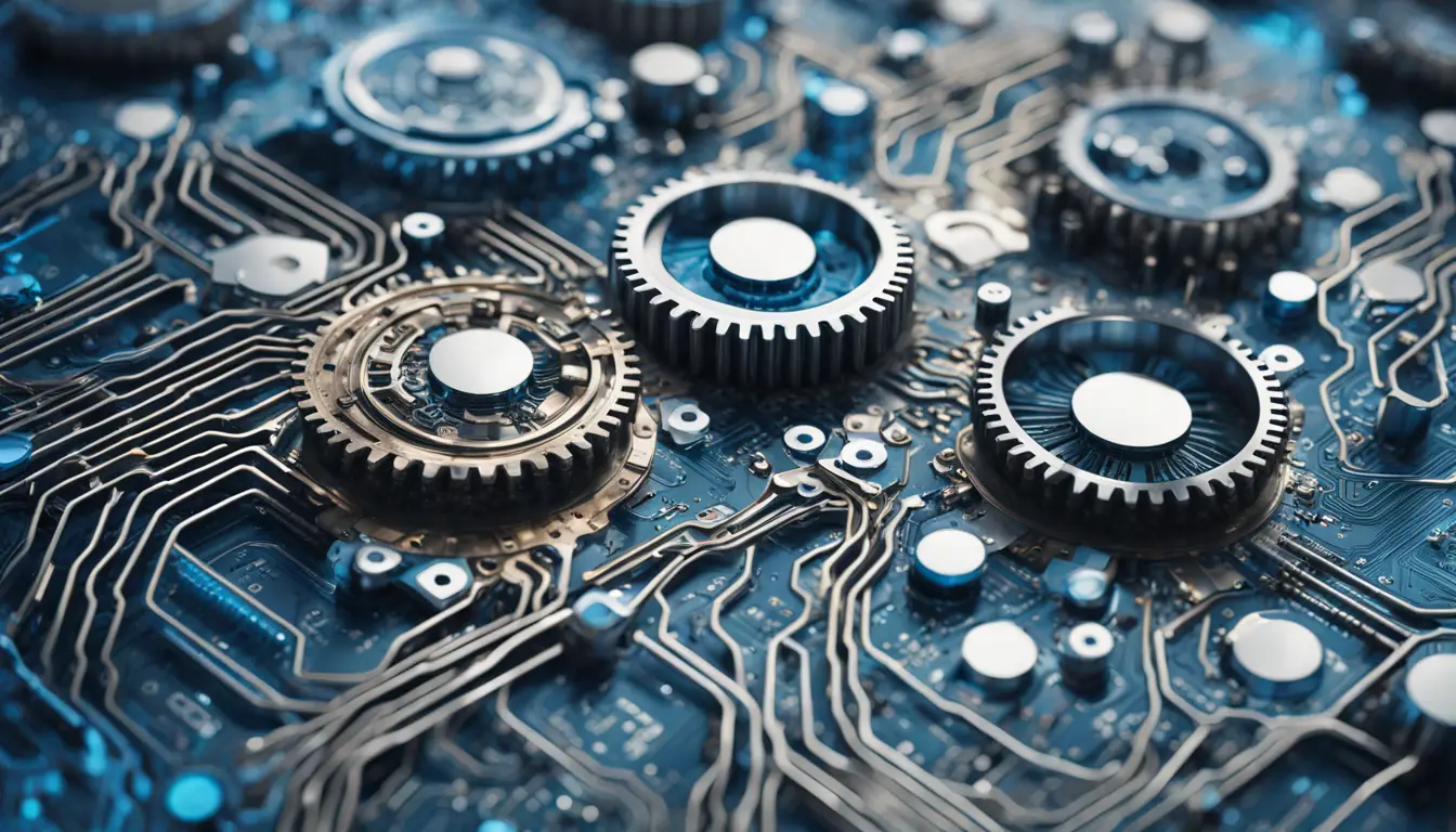 Representação abstrata de engrenagens e circuitos digitais interconectados simbolizando o Microsoft Fabric.